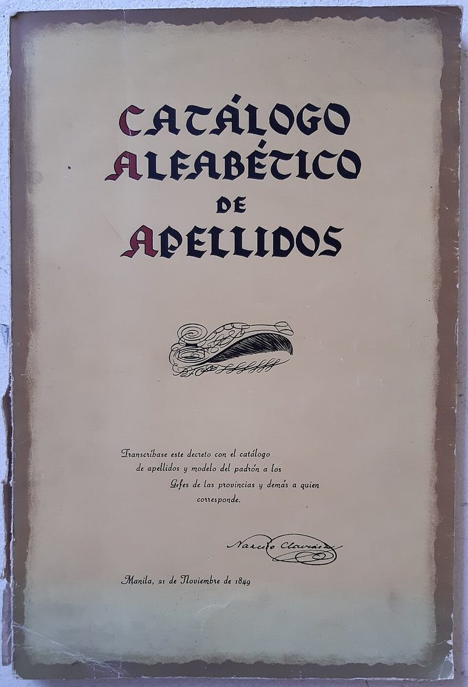 Cover of the Catálogo Alfabético de Apellidos, signed by Clavería and dated Manila, 21 November 1849